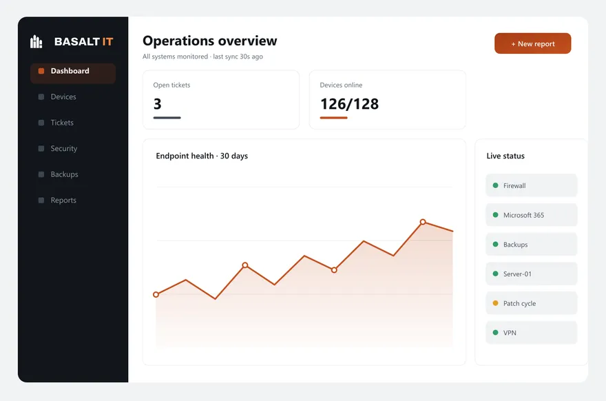 Illustration of an IT operations dashboard — open tickets, device status and endpoint health